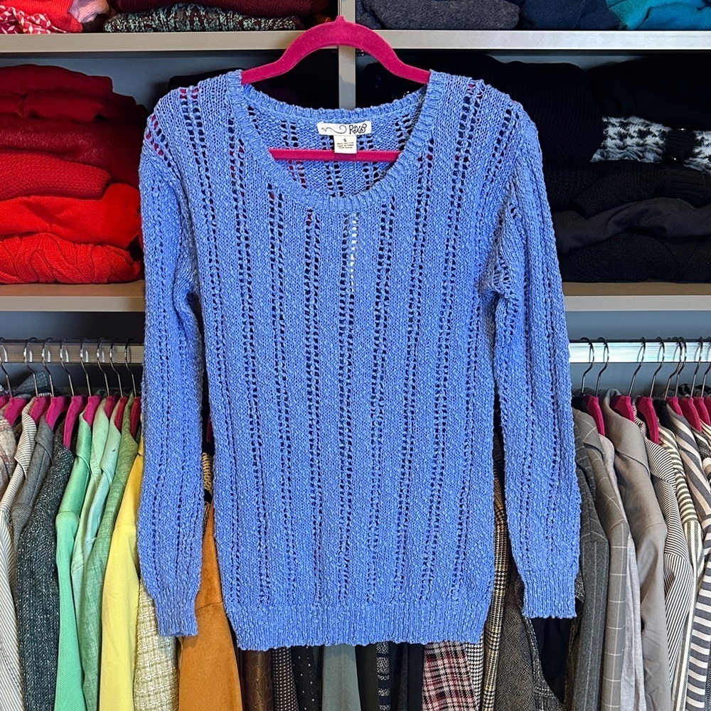 RXB blue open knit long sleeve crew neck sweater size S NWT
